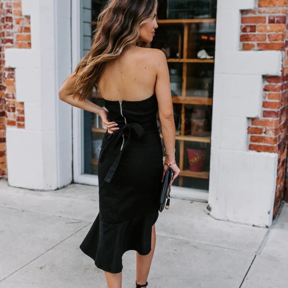 VICI Presentation Cotton Strapless Ruffle Denim Midi Dress Black Small S - Picture 3 of 10